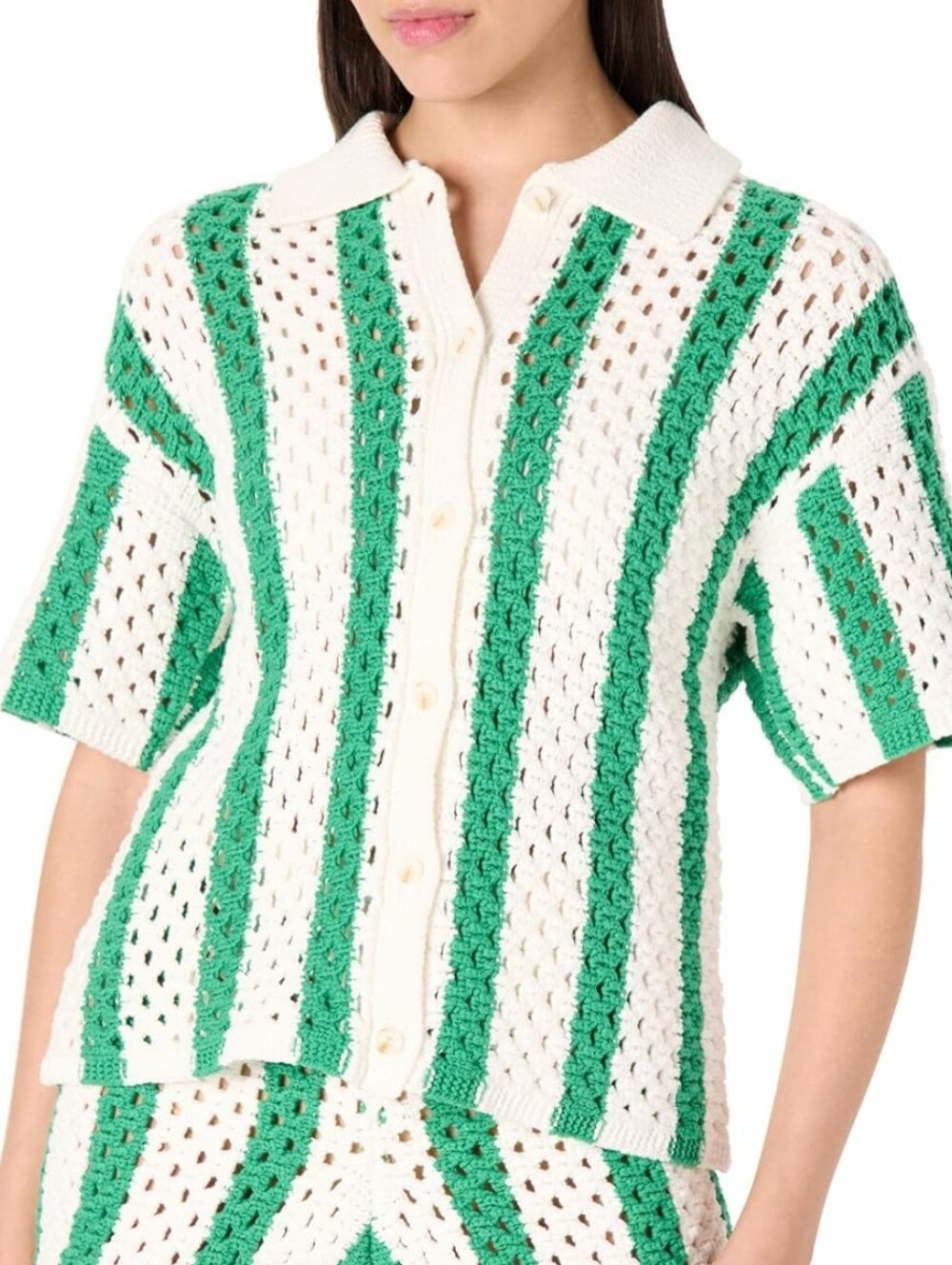 Women's Green & White Crochet Knit Short-Sleeve Sweater